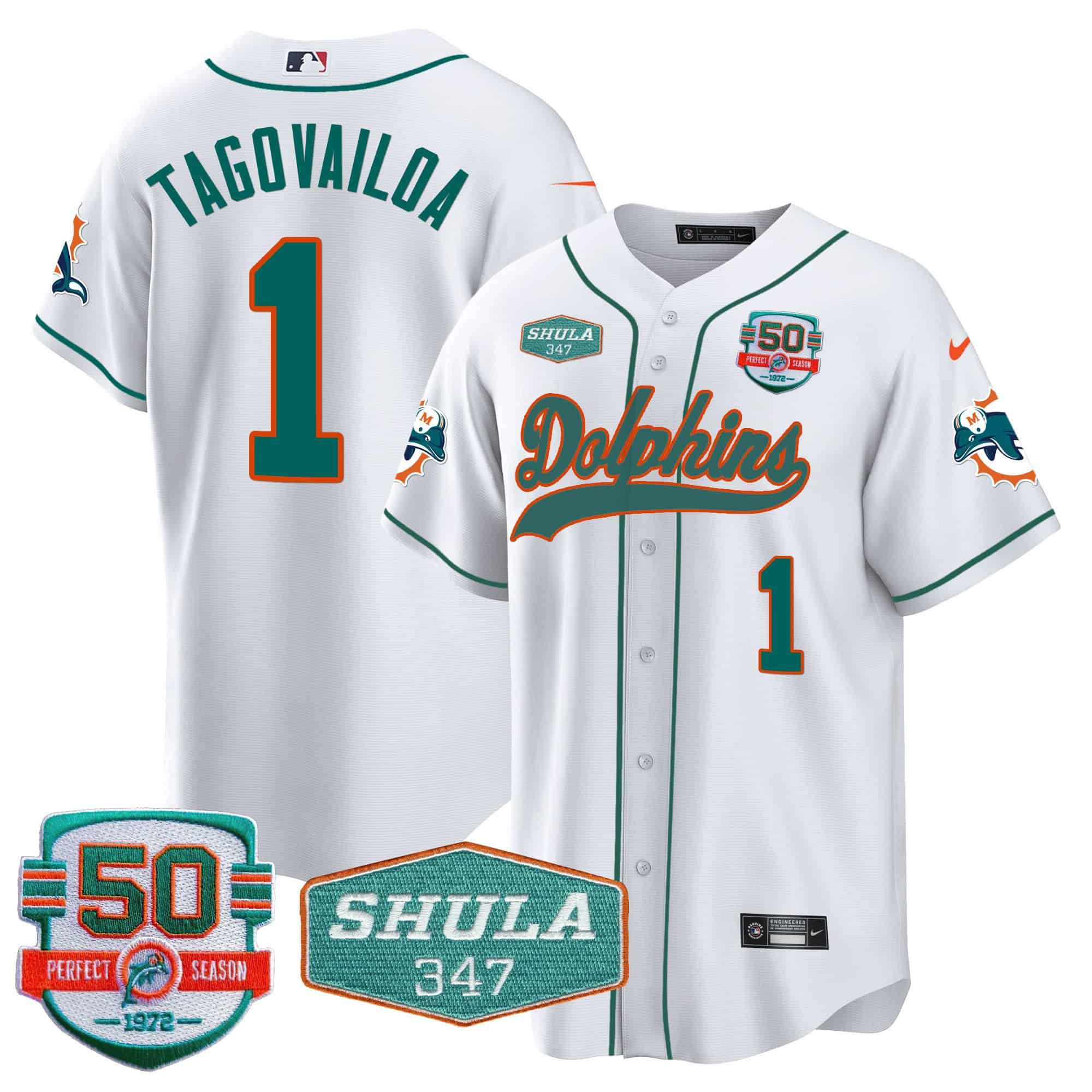 Men Miami Dolphins 1 Tagovailoa White 2024 Nike 50th Don Shula Memorial Patch Baseball NFL Jersey